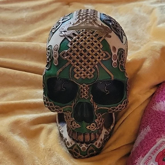 Carved Ceramic Skull with Celtic Designs - Picture 3 of 5